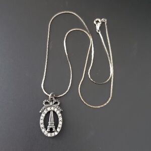 Vintage Eiffel Tower Rhinestone Bezelled Pendant Necklace Pewter-like Metal 17"